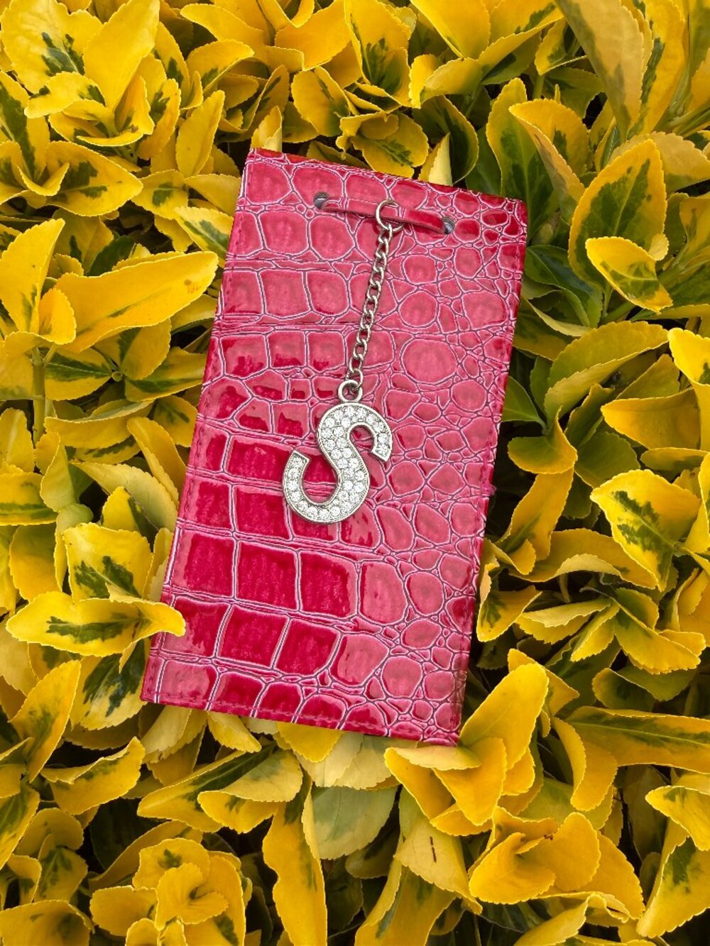 NotePad Rhinestone Stud Monogrammed S Faux Raspberry Leather SilverFoiled Edges